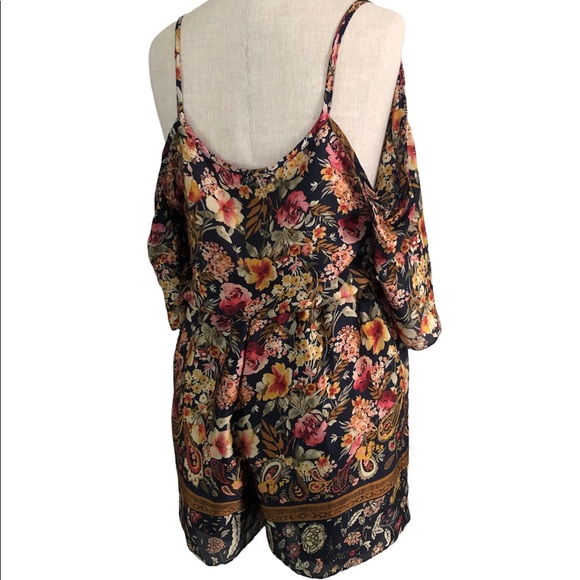 EUC Everly Cold shoulder Silk Fall Floral Foliage Romper - Picture 7 of 10